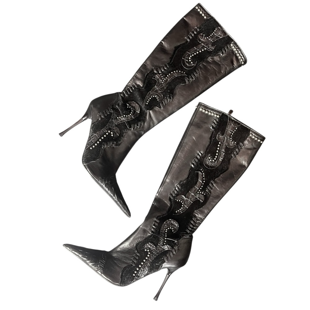 Vintage El Dantes Black Pointed Toe Stiletto Boots with Pony Hair & Stud Detail